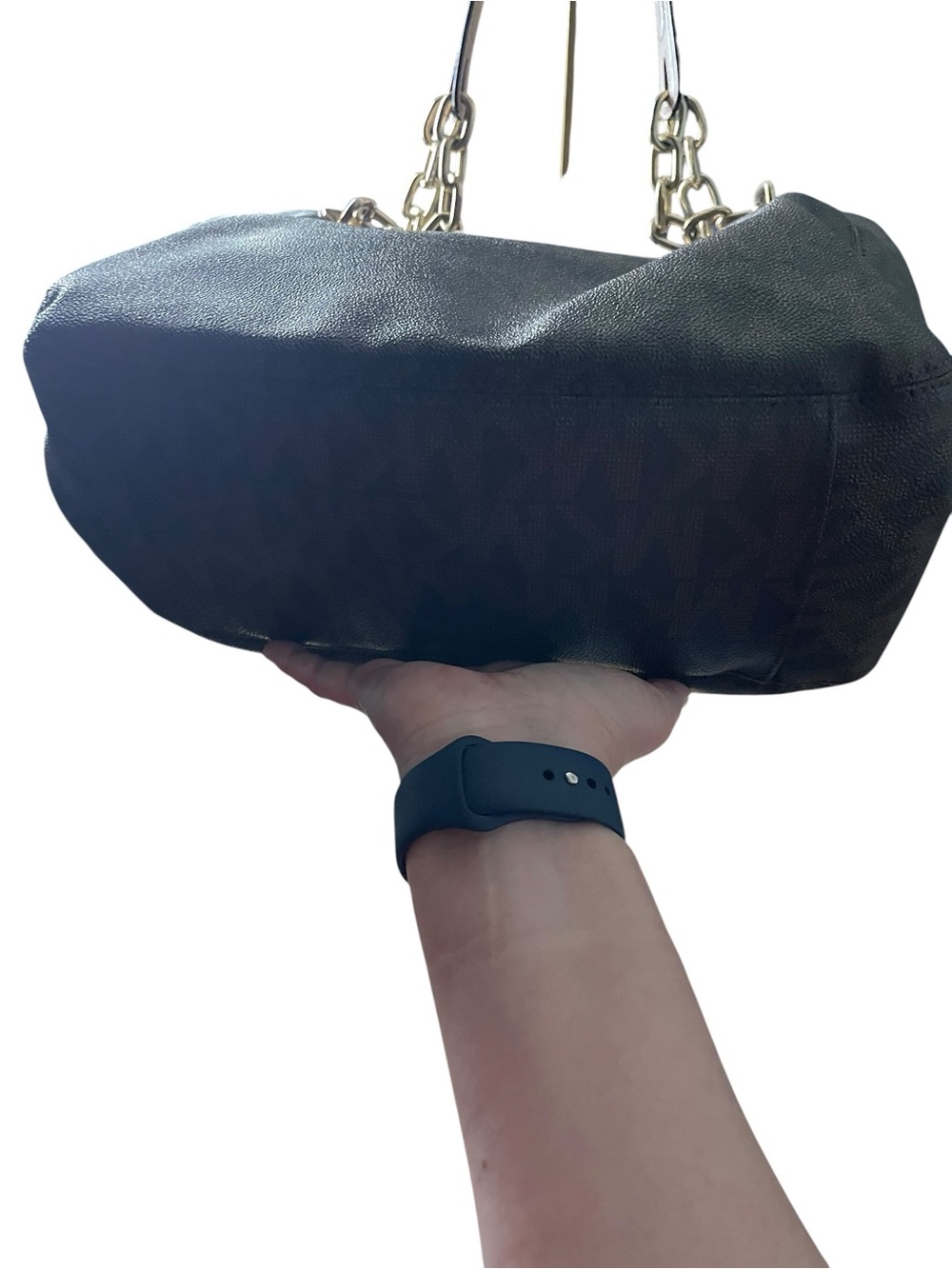 Michael Kors Fulton Large Chain Shoulder Tote Monogram Signature Brown Black - Picture 3 of 10